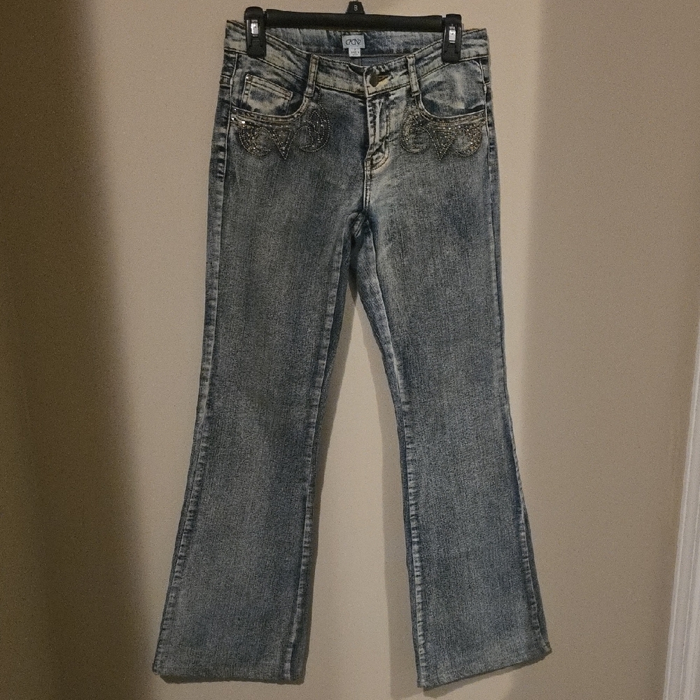 Cache Blue Flare Jeans with Embellished Pockets
